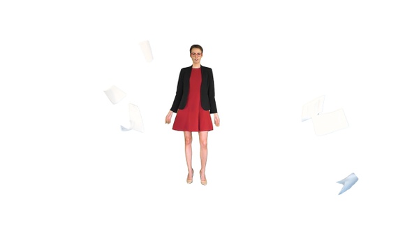 Business woman in red dress throws away documents on white