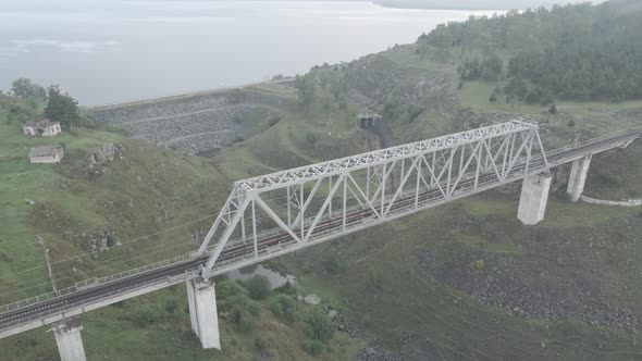 Tsalka, Georgia - August 28 2021: Aerial view of railway bridge in Tsalka