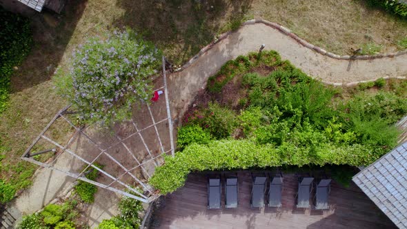 Woman seen from above walking a garden pathway in a French villa with insects flying in view, Aerial