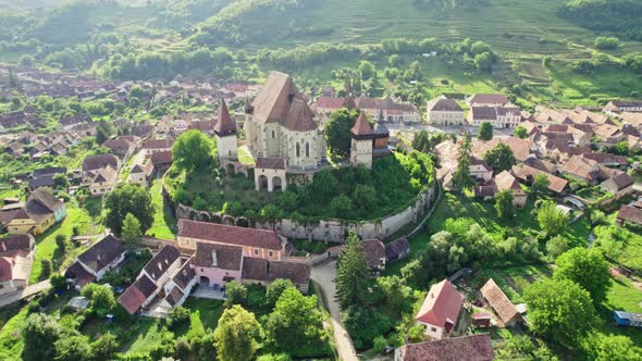 Flying Around Old Biertan Fortified Church in Biertan Village in Transylvania Romania