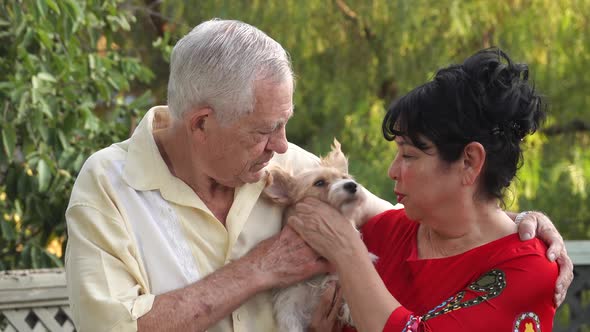 Senior couple cuddling small dog 