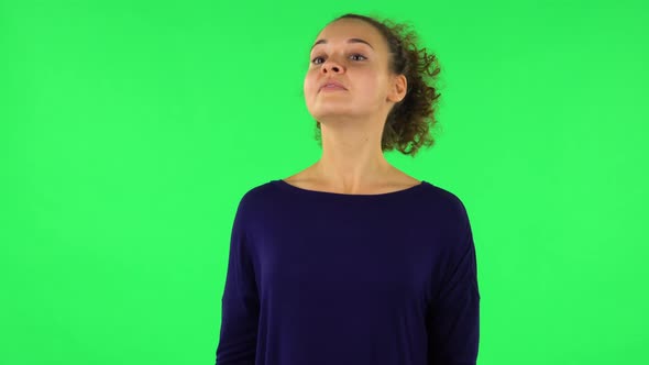 Portrait of Curly Woman Screaming Calling Someone. Green Screen