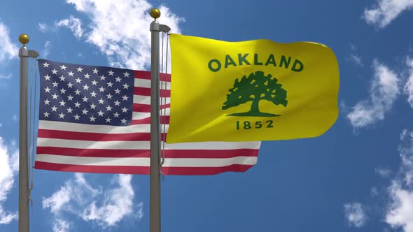 Usa Flag Vs Oakland City Flag California  On Flagpole