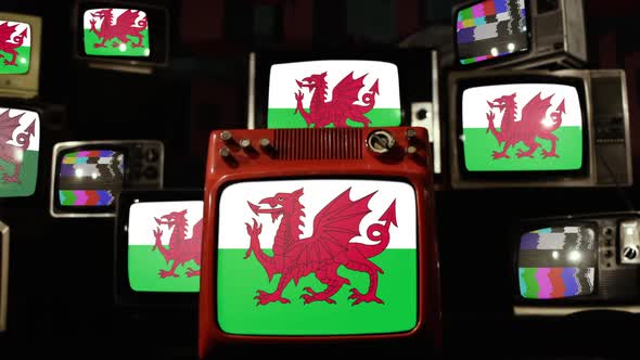 Wales flag and Retro Television Sets.