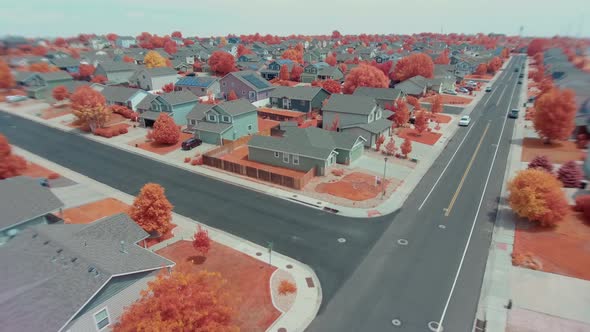 A near infrared drone shot of a neighborhood showing the orange trees indicating healthy leaves.