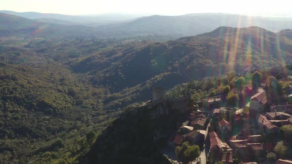 Drone aerial panorama of historic village of Sortelha with castle and landscape, in Portugal