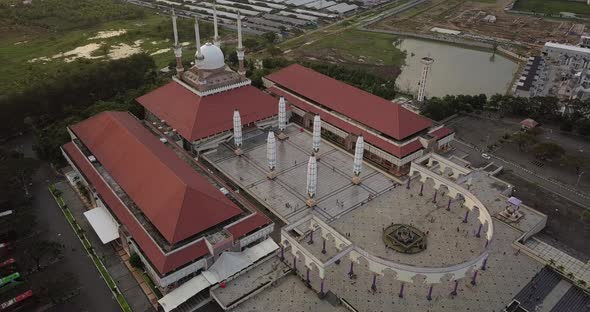 descending top drone view of the Grand Mosque Central Java at the center of semarang city in central