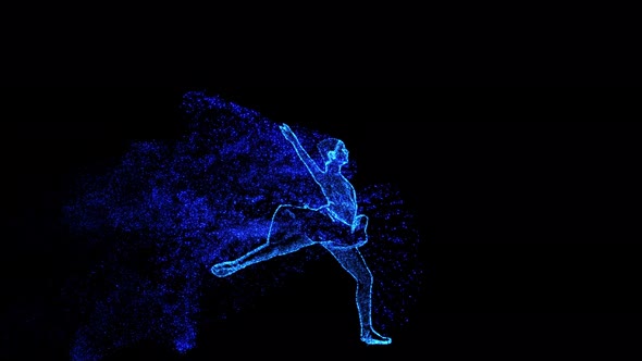Ballerina of Blue and Gold Particles Performs a Jump alt