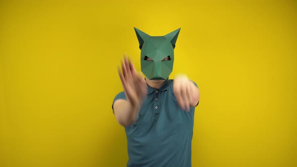 Young Man in a Cardboard Jackal Mask Dances on a Yellow Background. Man in a Green Polo and Mask.