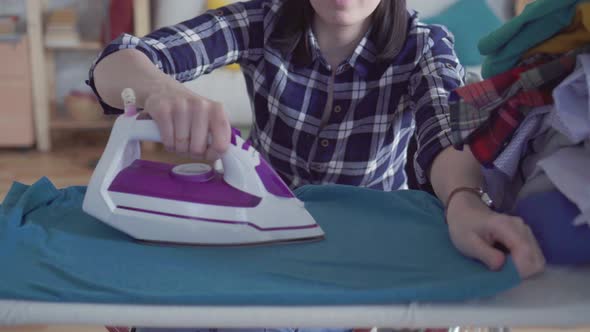 Beautiful Disabled Woman in a Wheelchair Doing homeworkIroning Clothes