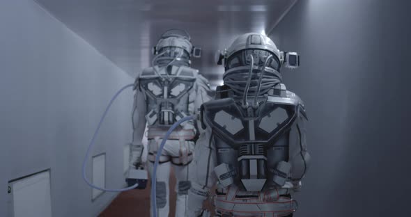 Astronauts Walking Down a Corridor