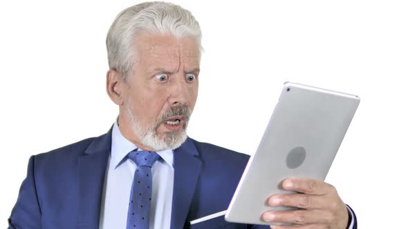 Old Businessman Reacting to Loss on Tablet White Background
