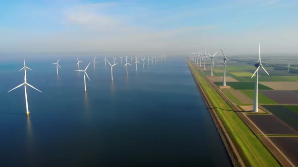 Windmill Park in the Ocean Drone Aerial View of Windmill Turbines Generating Green Energy Electric