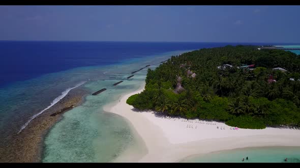 Aerial drone shot nature of exotic coast beach adventure by shallow water and clean sandy background