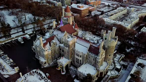 Beautiful Scene of Fairy Tale Castle in Winter, Drone Orbit Pan. Charming Scenic Destination Casa Lo