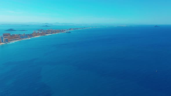 Aerial View. Flight Over Gorgeous Islands, Long Spit La-Manga,Spain, Beautiful Azure Sea and Hills