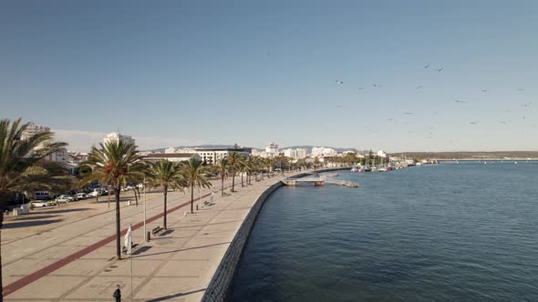 People promenade along Arade River, Portimao, Portugal. Seagulls flying