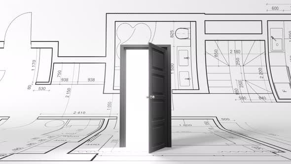 Opening door against paper project and sketch design of the new house 4k alt