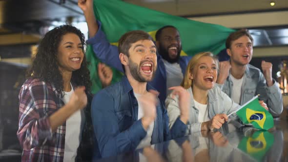 Extremely Happy Sport Fans Waving Brazil Flag in Support of National Team