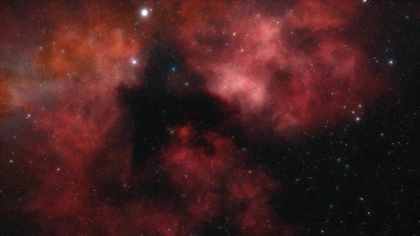 Spaceship Flies Near Red Nebula in Space alt