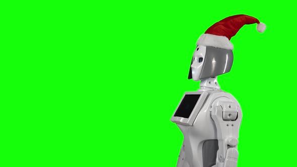 Robot Wearing a Santa Claus Hat Is Calling for a Hand Gesture. Green Screen. Side View