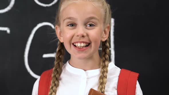 Excited Schoolgirl With Book Looking at Camera, Alphabet Written on Blackboard