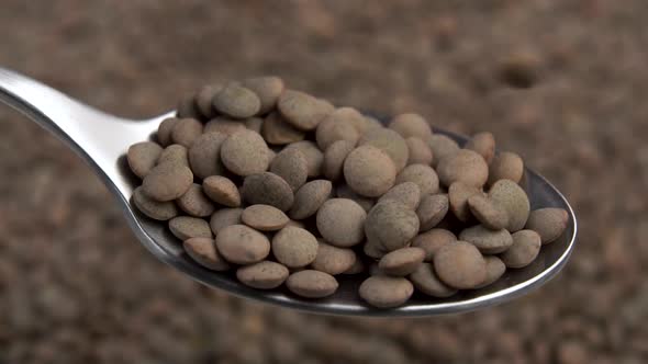 Filling a spoon with lentils in slow motion