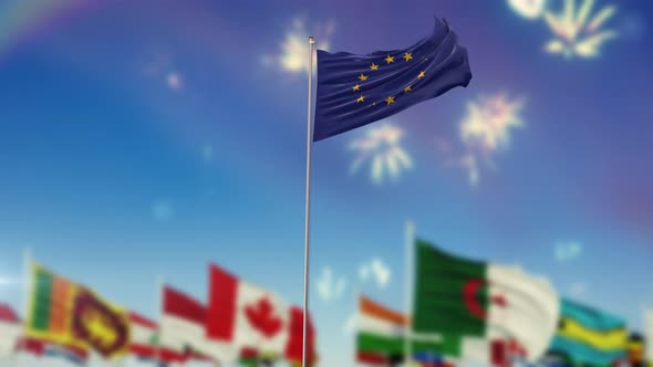 flag of european union EU With World Globe Flags And Fireworks 