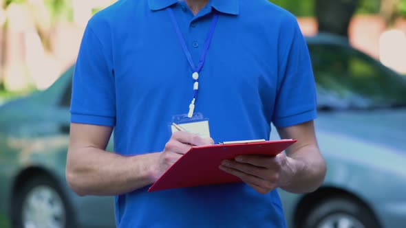 Delivery Man Giving Proof Document for Signature, Paperwork, Parcel Insurance