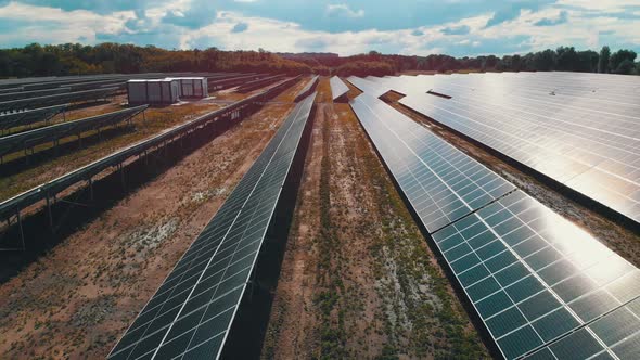 Aerial View of Solar Power Station. Panels Stand in a Row on Green Field. Summer