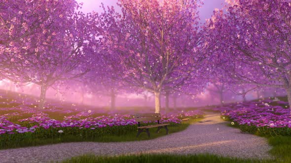 Cherry Blossom Trees During Spring Season With Park Benches Along Pathway