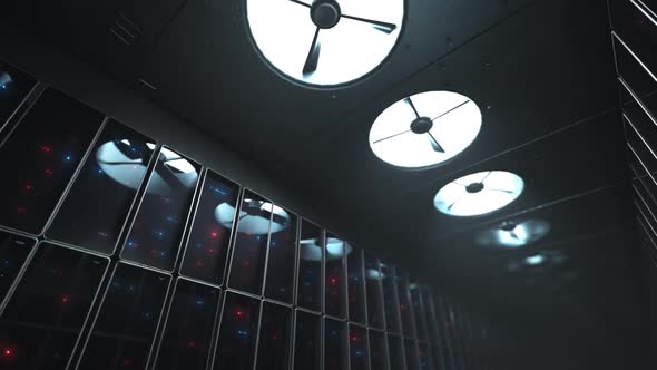 large server room with fans. huge computation and data exchange. loop animation