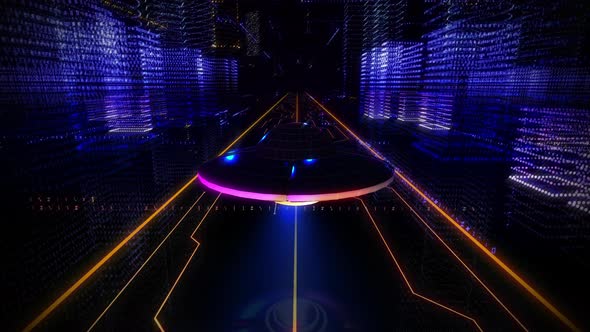 An Unidentified Flying Object is Flying above the Golden Road in Virtual City alt