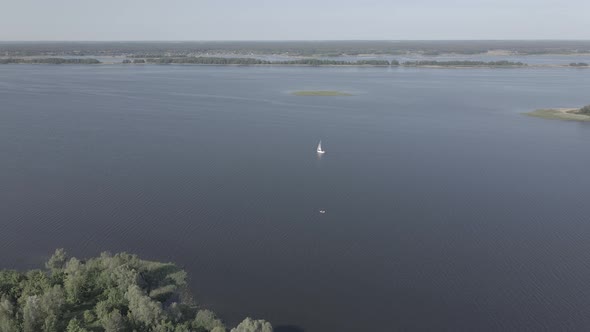 Dnipro River. Aerial View. Ukraine. Slow Motion, Flat, Gray