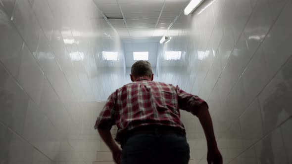 Man Going Up Stairs at Production Facility Rear View