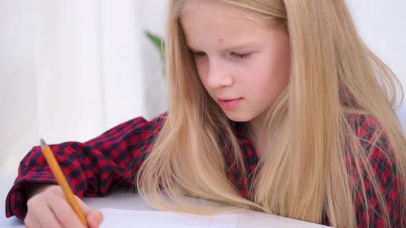 Blonde Schoolgirl Studying at Home Doing School Homework