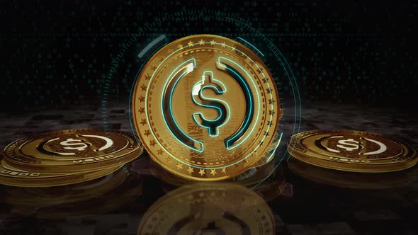 USDC USD Coin stablecoin cryptocurrency golden coin loop on digital screen