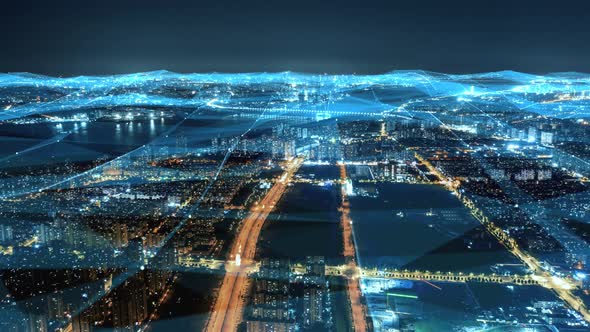 smart Connected city skyline. Futuristic network concept, city Technology.