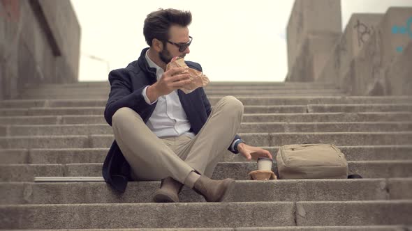 Busy Businessman Lunch Eating Sandwich. Manager Taking Break  Work. Eat Snack In Taking Break Time.