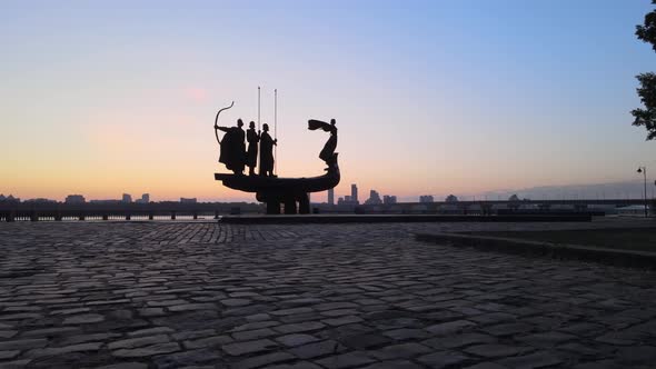 Symbol of Kyiv - a Monument To the Founders of the City in the Morning at Dawn. Ukraine. Aerial