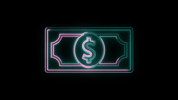 Glowing neon line banknote dollar icon isolated on black background. Banking currency sign.