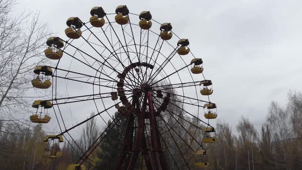 Chernobyl Exclusion Zone. Pripyat. Aerial. Abandoned Ferris Wheel.