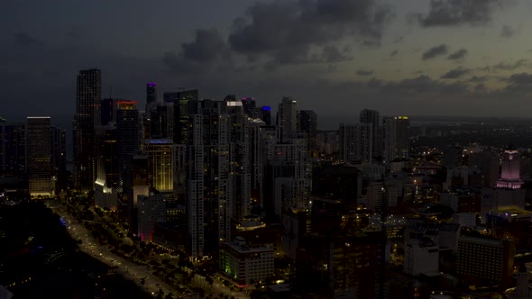 Night Aerial Approach Downtown Miami Florida United States