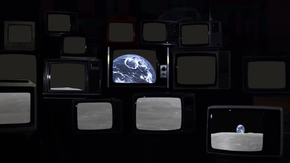 Earthrise over the Moon Surface on Retro Televisions.