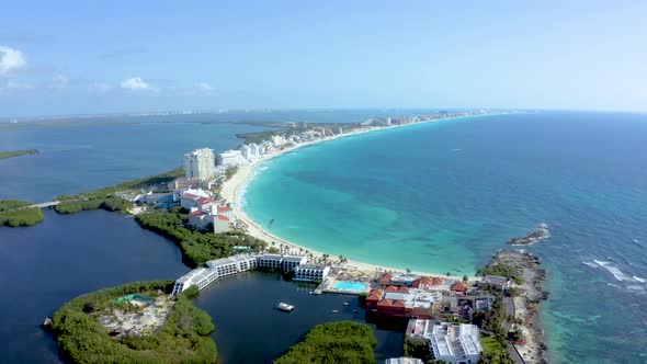 Aerial View of Cancun Mexico Showing Luxury Resorts and Blue Turquoise Beach