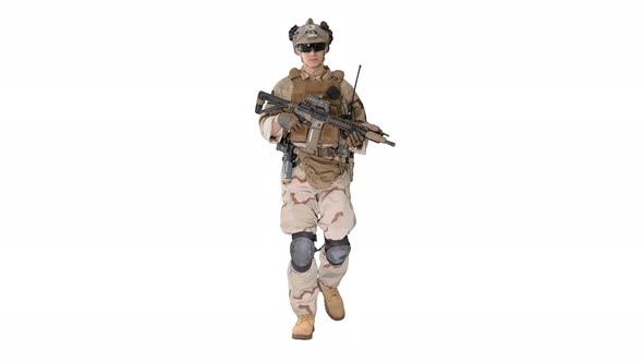 US Army Soldier in Combat Uniform Walking on White Background.