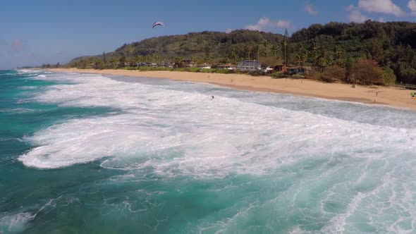 Aerial view of the beach and ocean in Hawaii