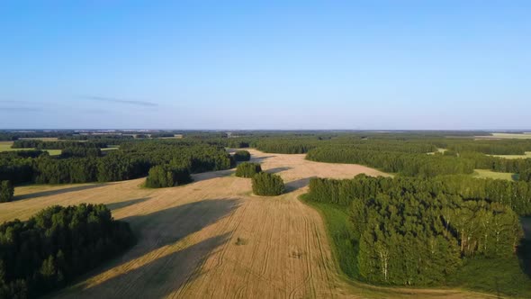 Aerial Drone Shot of Harvested Field at Sunset