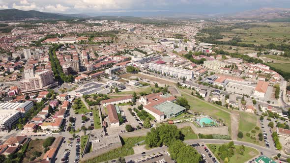 Aerial panoramic circling view of Chaves city in Portugal