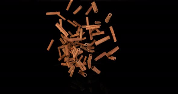 Cinnamon sticks, cinnamomum zeylanicum, spice falling against Black Background, Slow Motion 4K